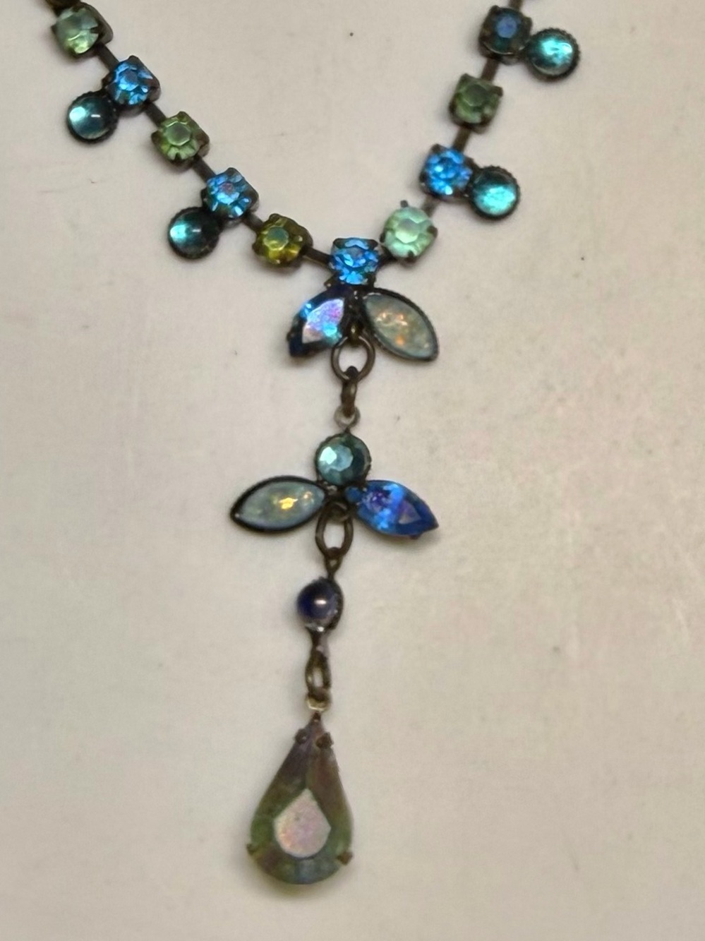 Vintage AVON Opalite Rhinestone Drop Y Necklace - 16-20”